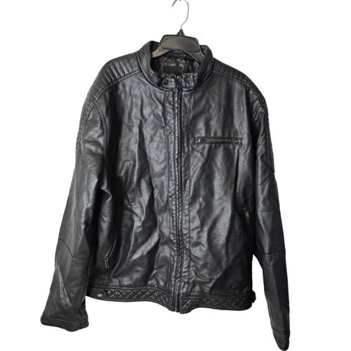 River Island Black Motorcycle Rider Leather Full Zip Quilted Men's Jacket 2XL