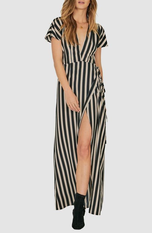 $295 Amuse Society Women's Black Fit To Be Striped Wrap Maxi Dress Size XS