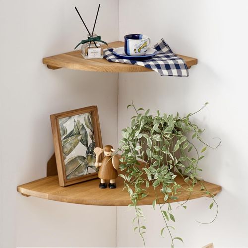 Corner Shelves Wall Mount, 7Inch Oak Wood Floating Corner Shelves Set of 2 round