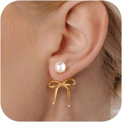 Gold Pearl Earrings for Women Trendy: Bow Earrings 14K Gold Plated Dainty Drop P