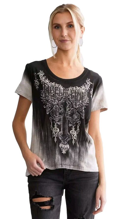 Affliction Beige Black Tie Dye Braided Graphic Tee Gothic Women's T-shirt Size L