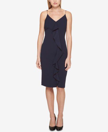$220 Guess Women'S Blue Ruffled Slit Sleeveless Short Length Sheath Dress Size 2