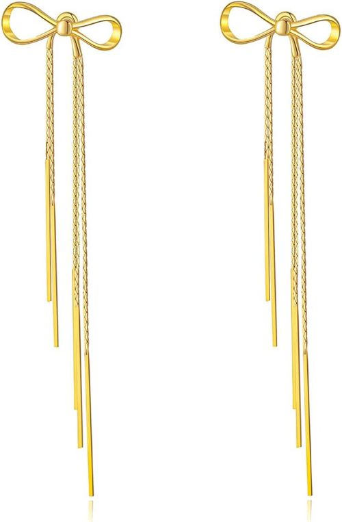 Gold Bow Earrings for Women Ribbon Stud Earrings Gold Bow Earrings Dangle Tassel