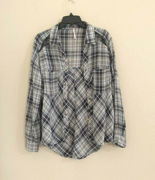 Free People Stitch Detail Plaid Long Sleeves Shirt Gray Multi XS Runs Big