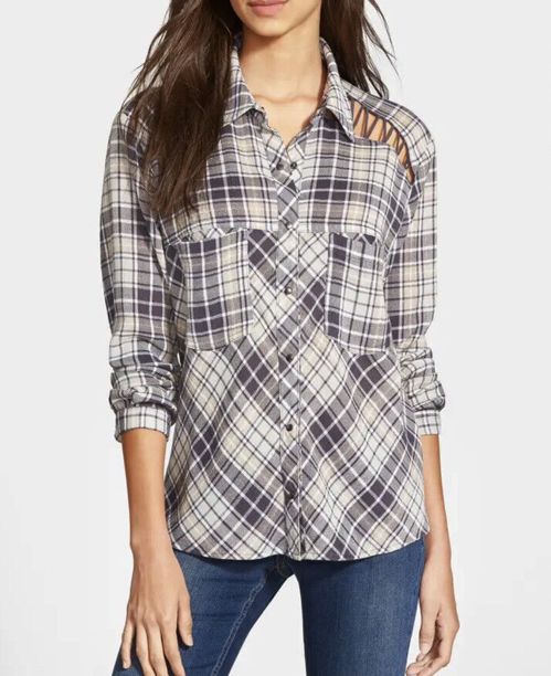 Free People Stitch Detail Plaid Long Sleeves Shirt Gray Multi XS Runs Big