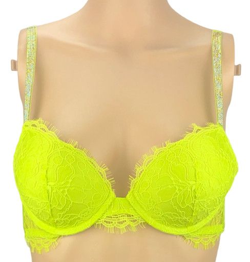 VICTORIA'S SECRET VERY SEXY FLORAL LACE SHINE STRAP  PUSH UP BRA 32C LIMELIGHT