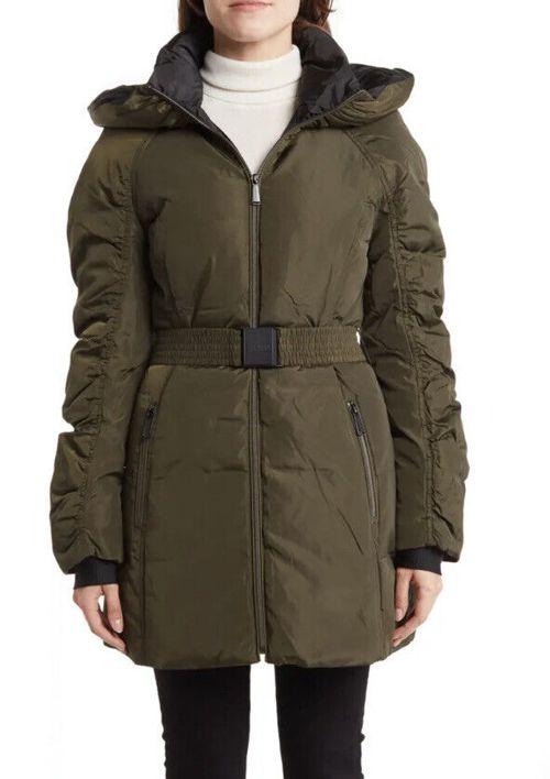 LAUNDRY By SHELLI SEGAL Hooded Belted Parka Jacket Military MSRP $320