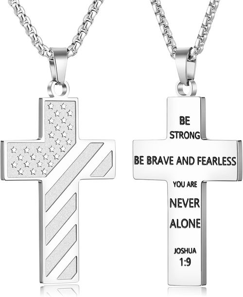 Men's Stainless Steel Cross Necklace with American Flag and Bible Verse
