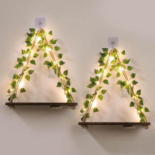 Wall-Mounted Floating Shelves with LED Strip and Floral Decor - Set of 2