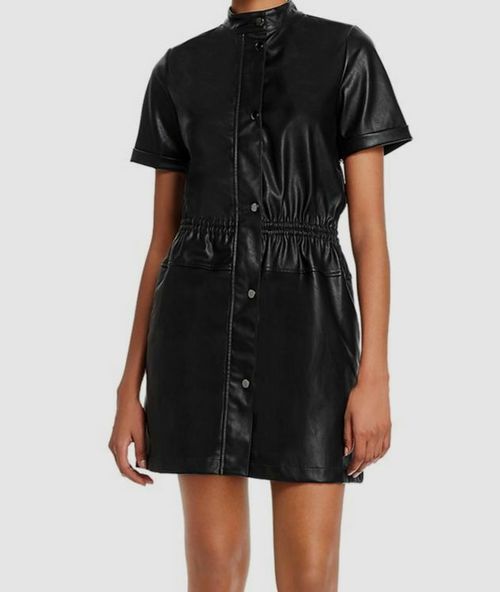 $150 Lucy Paris Women Black Short Sleeve Faux Leather Utility Dress Size X-Small