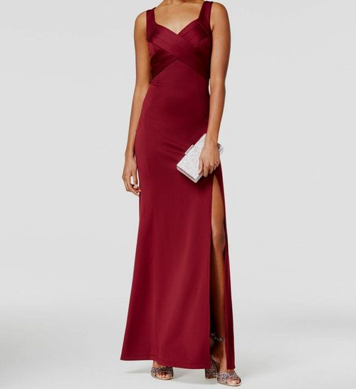 $110 Emerald Sundae Juniors Red Ruched V-Neck Crisscross Scuba Gown Dress Size L