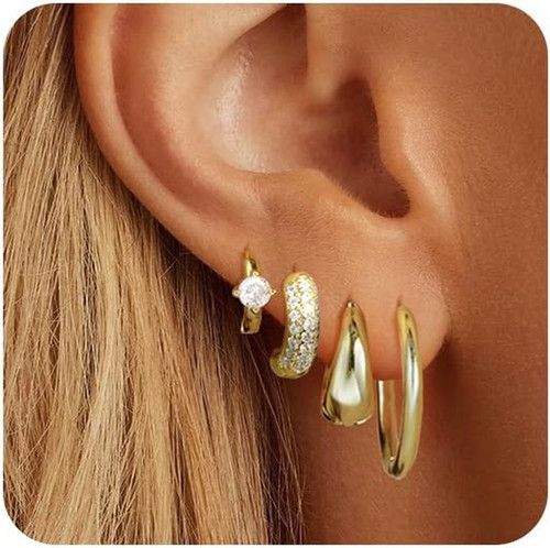 Small Gold Hoop Earrings Set for Women, 14K Gold Plated Lightweight Earrings Set