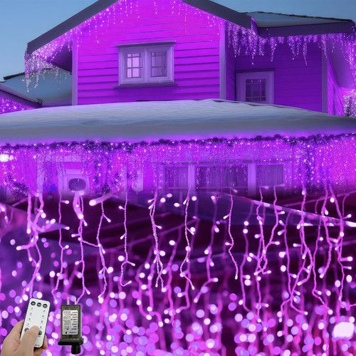16.5Ft 192 LED Purple Icicle Lights with Remote, 8 Modes for Outdoor Decor