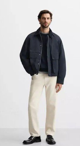 Zara Man Contrast-Collar Padded Lined Jacket Navy Blue
