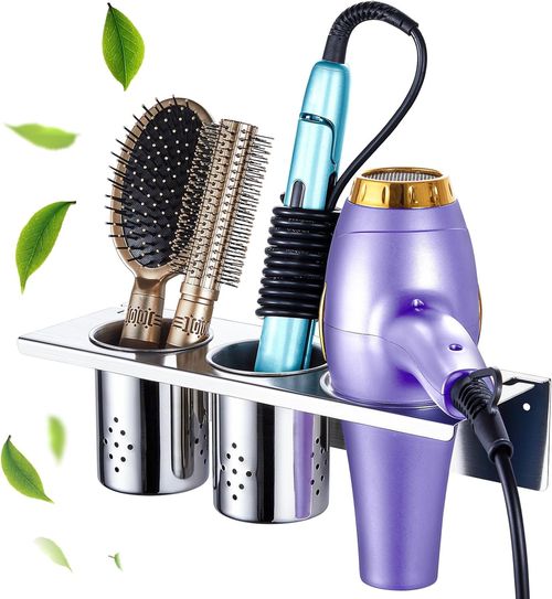 Wall-Mounted Hair Tool Organizer with Stainless Steel Holder and 2 Cups