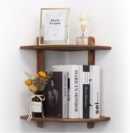 Floating Corner Shelf, Wood Bookshelf Floating Wall Mounted, Small Corner Shelve