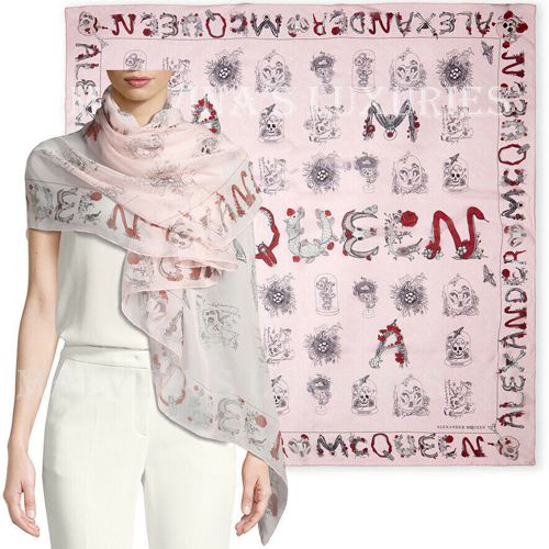 $425 ALEXANDER MCQUEEN SCARF SKULL CABINETS PRINT PINK SILK SQUARE 54"