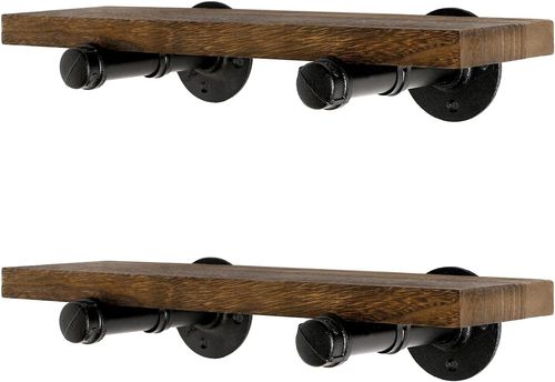 Rustic Wall Mounted Floating Shelves with Industrial Pipe Brackets - Set of 2