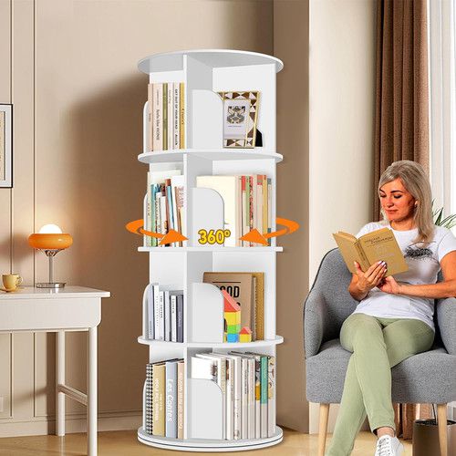 4-Tier Rotating Bookshelf Tower - 360° Carousel Bookcase Organizer in White