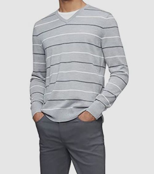 $60 Calvin Klein Men's Gray Wool Striped Long Sleeve V-Neck Sweater Size XXL