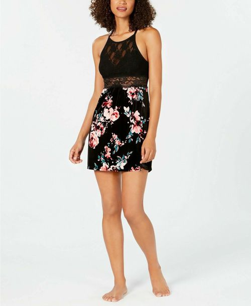 I.N.C. Printed Velvet & Lace Chemise Nightgown Black Size X Small 