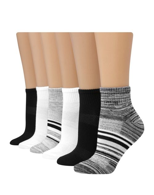 Hanes 6-Pack Ankle Socks Womens Breathable Lightweight Stripped Black Grey 5-9