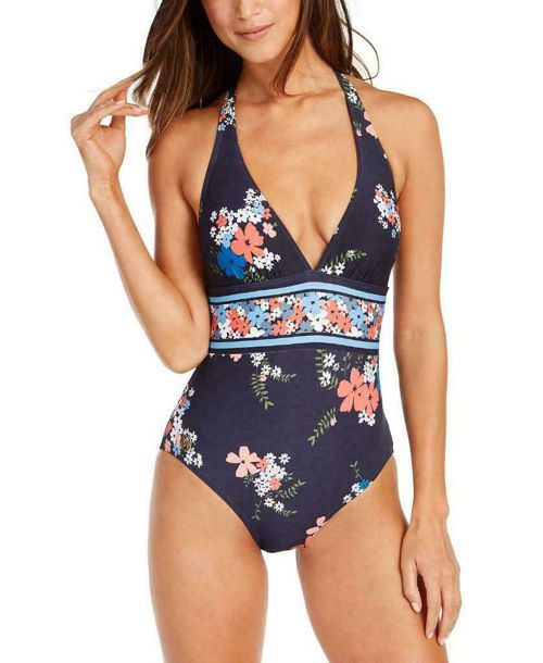 Michael Kors Tummy-Control Floral-Print One-Piece Swimsuit, New Navy Size 8 $114