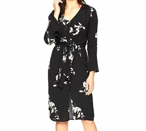 $195 American Rose Women's Black Dakota V-Neck Tie Waist Shift Dress Size Small