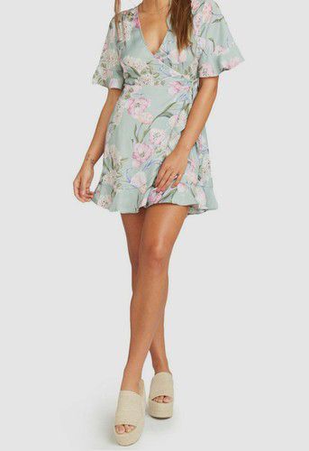 $350 Show Me Your Mumu Women's Green Evelyn Short Sleeve Wrap Mini Dress Size S