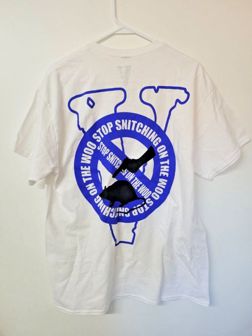 Pop Smoke x Vlone "Stop Snitching" Tee, White/Blue, New, Size Large (L)
