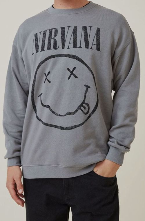 $60 Cotton On Men's Gray Long-Sleeve Crewneck Nirvana Logo Print Sweater Size S