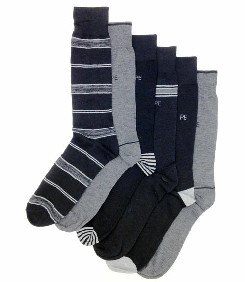 $57 Perry Ellis Men'S 6-Pair Pack Black Gray Striped Crew Dress Socks Shoe 7-12