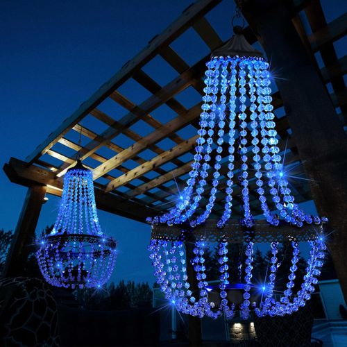 Hanging Solar Lantern Outdoor, 28” Modern Crystal Acrylic Chandelier with 30 Blu