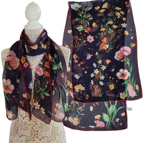 SALVATORE FERRAGAMO SCARF LONG SIGNATURE FLOWER MOUSE MULTI COLOR PRINT SILK 76"