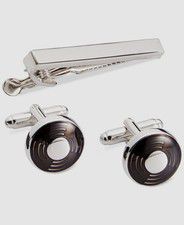 Geoffrey Beene Mens Black Rhodium Dress Cuffs Shirt Cufflinks W/ Tie Clip