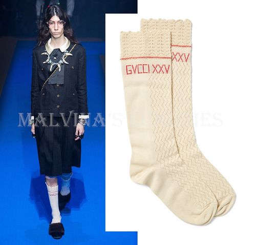 GUCCI DRESS SOCKS XXV KNITTED COTTON CROCHET SCALLOP TOP EMBROIDERED LOGO $390 L