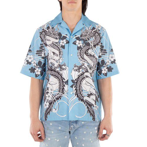 Amiri Men's Blue Dragon Printed Short-Sleeved Bowling Shirt, Size Small