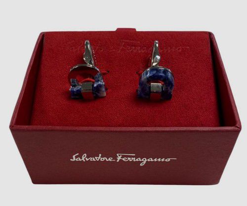 Salvatore Ferragamo Men's Silver Blue Limestone Gancini Cufflinks
