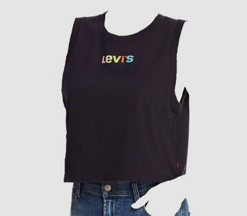 $225 Levi's Women Black Sleeveless Graphic Logo Pullover Cropped Tank Top Size S