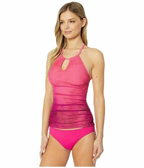 Lauren Ralph Lauren Women's High Neck Halter Ombre Palm Tankini Swim Top Pink 6