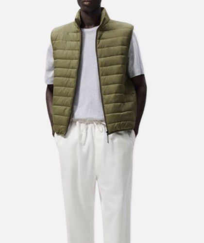 Men Zara Light Puffer Vest Jacket Soft Exterior Side Slit Pockets Green