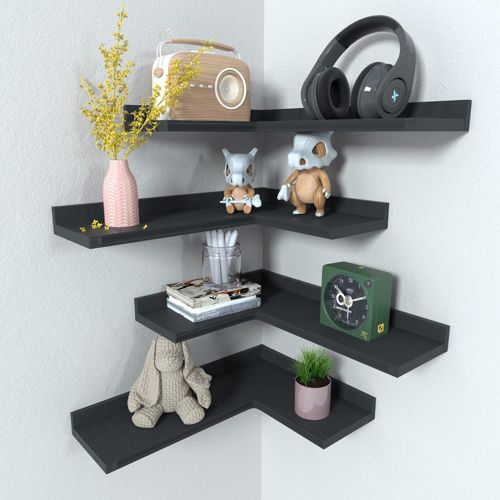 4 Tier Corner Floating Shelves Set of 4, Rustic Pine Wood Corner Shelves for Wal