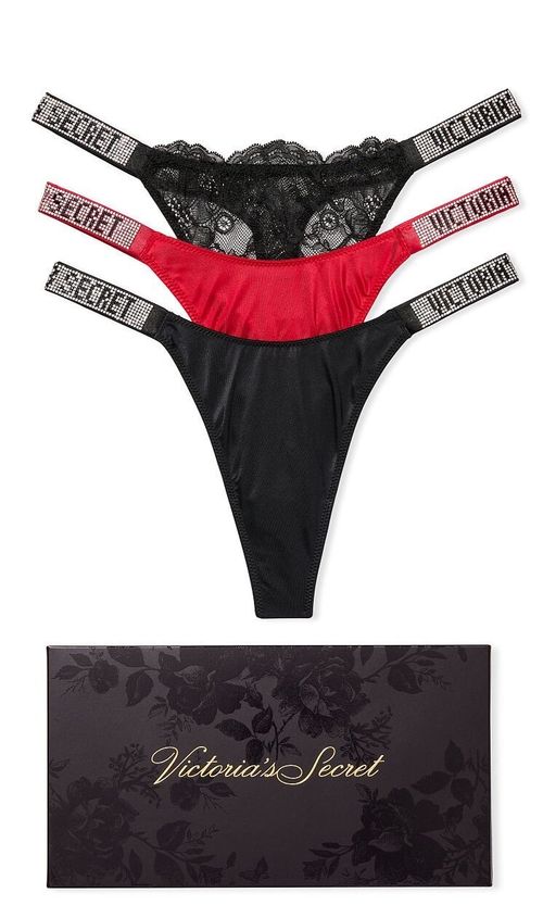 3 PAIRS VICTORIAS SECRET VERY SEXY SHINE STRAP THONG PANTY BOX GIFT SET S XL NIB