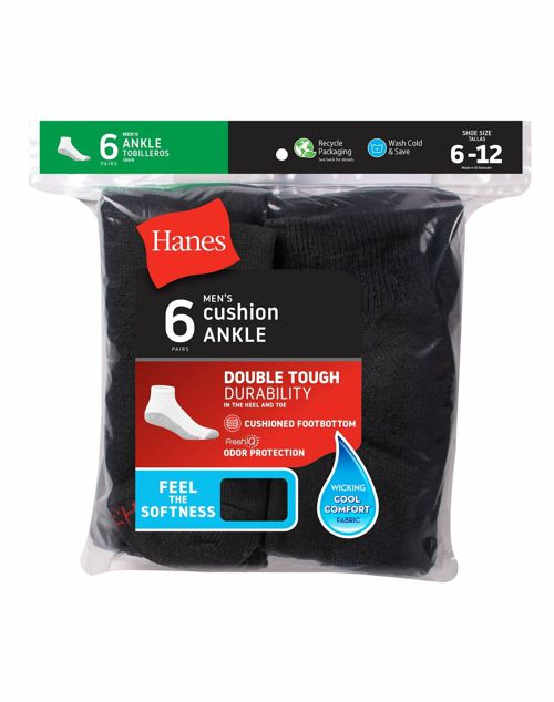 Mens Cushion Ankle Socks 6-Pack Hanes Fits shoe sizes 12-14 Athletic White Black