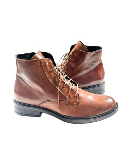 WMN Oroscuro Combat Boot Side Zip & Lace Up Closure Leather Cognac Made In Italy