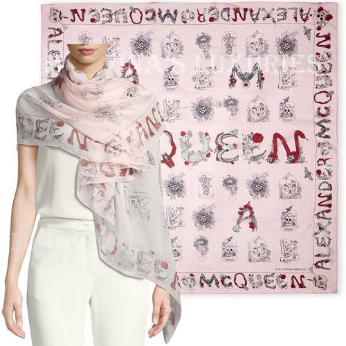 ALEXANDER MCQUEEN SCARF SKULL CABINETS PRINT PINK SILK SQUARE 54"