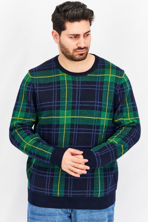 Club Room Men's Merino Wool Blend Crew Easy Care Sweater, Blue/Green Plaid L