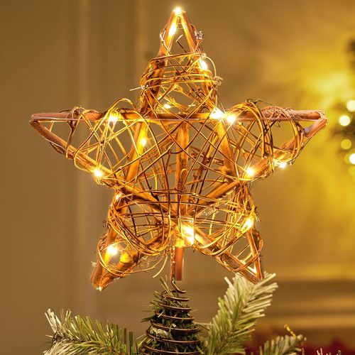 8-Inch Rustic Rattan Star Tree Topper with 30 LED Lights for Holiday Decor
