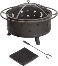 32-Inch Outdoor Wood Burning Fire Pit with Screen, Poker, and Cover - Black