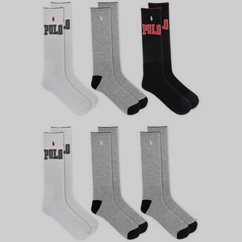 $28 Polo Ralph Lauren Men's 6-Pair Pack Gray Logo Rib Crew Socks Shoe 6-12